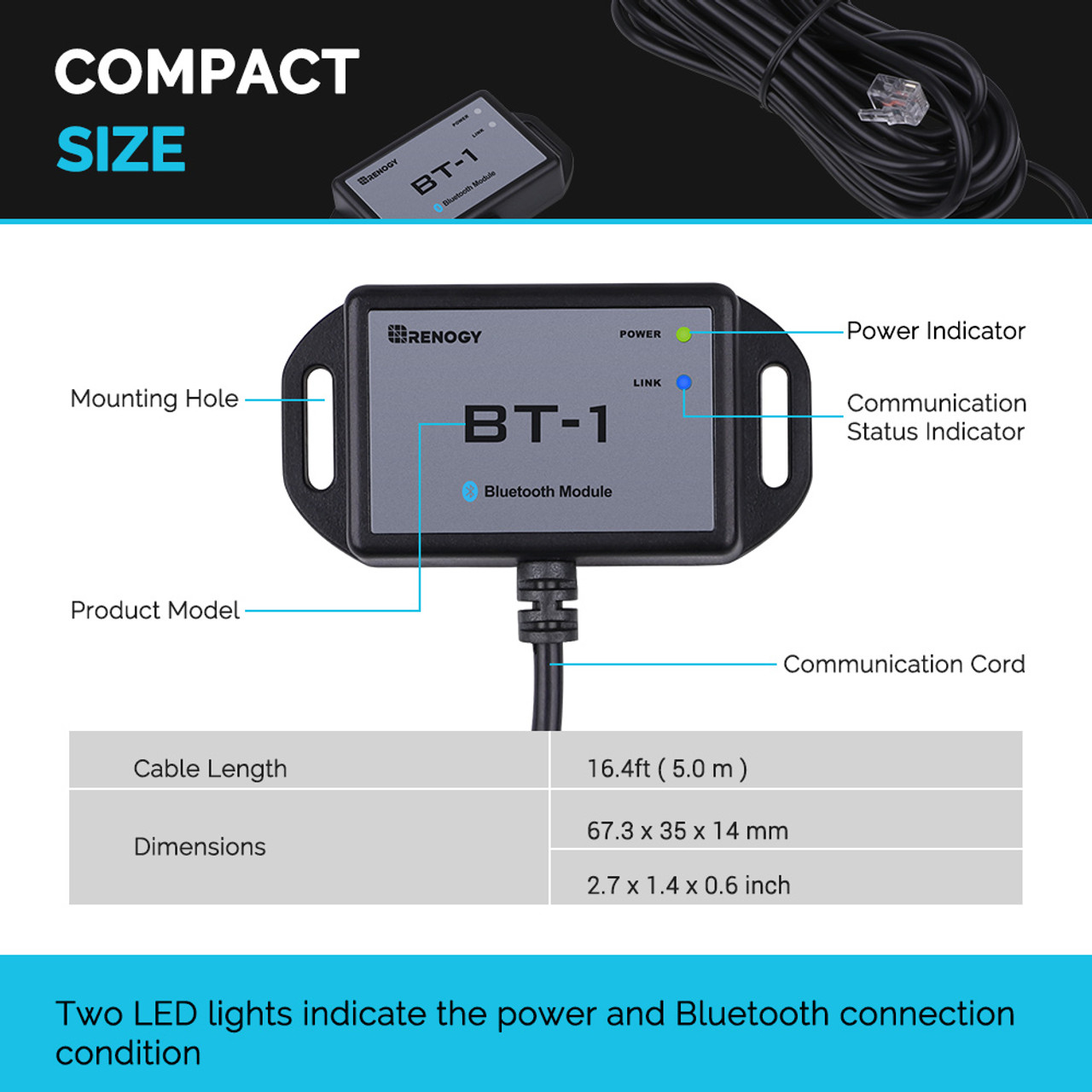Renogy Controller Wanderer - Renogy Bluetooth-module RJ12 communicatiepoort compatibel Rover/Wanderer/Avonturier